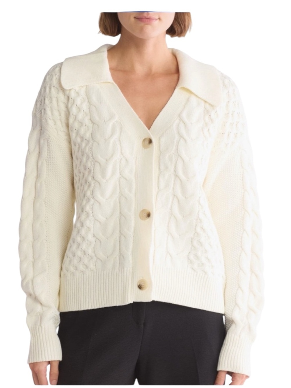 Parker Cream Cable-Knit Fisherman Button Cardigan, V-Neck, Collared, Size M